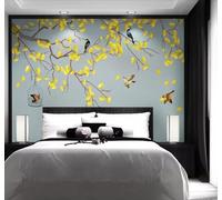 XLMING Fraîcheur Élégance Ginkgo Dessin À La Main Fleurs Et Oiseaux 3D Papier Peint Texture Soyeuse Intissé Salle à Manger Bureau D'étude Canapé Chambre Salon TV Mur-350cm×256cm