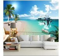 XLMING Frais Beau Ciel Bleu Dauphins Plage Vue Sur La Mer 3D Papier Peint Premium Texturé Soie Bureau Salle à Manger Salon Chambre Coucher Canapé TV Mur-200cm×140cm