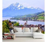 XLMING Frais Beau Grand Lac Nature Montagnes Enneigées Petite Ville Papier Peint 3D Soie Texturée Haut De Gamme Salon Canapé Chambre À Coucher Salle Manger Murale-250cm×170cm