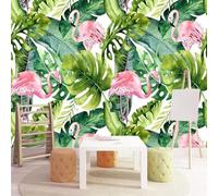 XLMING Frais Botanique Feuilles Vertes Rose Flamant Rose 3D Papier Peint Texture Soyeuse Intissé Salle à Manger Bureau D'étude Canapé Chambre Salon TV Mur-300cm×210cm