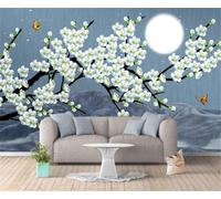 XLMING Frais Et Beau Papillon Blanc De La Lune De La Fleur De Pêcher 3D Papier Peint Texture Soyeuse Intissé Salle à Manger Bureau D'étude Canapé Chambre Salon TV Mur-300cm×210cm