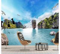 XLMING Frais Magnifique Vue Sur La Mer Petite Colline Ciel Bleu Oiseaux En Vol 3D Papier Peint Texture Soyeuse Intissé Salle à Manger Bureau D'étude Canapé Chambre Salon TV Mur-300cm×210cm