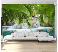 XLMING Frais Vert Feuilles De Bananier Cascade Petits Poissons Paysage 3D Papier Peint Luxe Décoration Manger Adulte Intérieure Salon Canapé Chambre Fond TV Mur-350cm×256cm