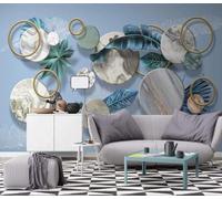 XLMING Fresh Geometric Round Blue Plant Leaves 3D Papier Peint Texture Soyeuse Intissé Salle à Manger Bureau D'étude Canapé Chambre Salon TV Mur-430cm×300cm