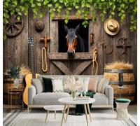XLMING Grange Rustique Guitare Grange En Paille Feuilles Vertes Cheval 3D Papier Peint Texture Soyeuse Intissé Salle à Manger Bureau Canapé Chambre Salon TV Mur-300cm×210cm