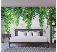 XLMING Gris Mur En Béton Feuilles Vertes Lianes Oiseaux En Vol Papier Peint 3D Soie De Luxe Intissé Bureau Salle à Manger Canapé Chambre Salon TV Mural Décoratif-200cm×140cm
