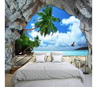 XLMING Grotte En Trois Dimensions Mur De Pierre Plage Ciel Bleu Petit Arbre 3D Papier Peint Texture Soyeuse Intissé Salle à Manger Bureau D'étude Canapé Chambre Salon TV Mur-350cm×256cm