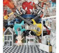 XLMING Guitare Musicale Graffiti Mur De Briques Papier Peint 3D Soie Texturée Haut De Gamme Salon Canapé Chambre À Coucher Salle Manger Murale-400cm×280cm