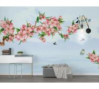 XLMING Hirondelles Papillons Lune Rose Floral Papier Peint 3D Soie De Luxe Intissé Bureau Salle à Manger Canapé Chambre Salon TV Mural Décoratif-250cm×170cm