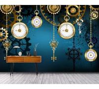XLMING Horloge Créative Dorée Avec Engrenages Bleus 3D Papier Peint Premium Texturé Soie Bureau Salle à Manger Salon Chambre Coucher Canapé TV Mur-150cm×105cm