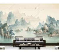 XLMING Landscape À L'Encre De Chine Arbres Architecture Oiseaux Papier Peint 3D Soie De Luxe Intissé Bureau Salle à Manger Canapé Chambre Salon TV Mural Décoratif-430cm×300cm