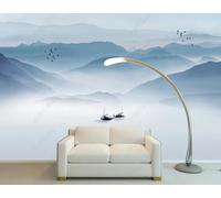 XLMING Landscape Bleu À L'Encre De Chine Oiseaux Volants Petit Bateau Papier Peint 3D Soie De Luxe Intissé Bureau Salle à Manger Canapé Chambre Salon TV Mural Décoratif-200cm×140cm