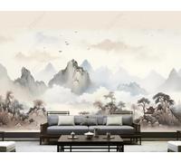 XLMING Lavage À L'Encre Sommets Montagneux Arbres Oiseaux En Vol Scénario Papier Peint 3D Soie De Luxe Intissé Bureau Salle à Manger Canapé Chambre Salon TV Mural Décoratif-300cm×210cm