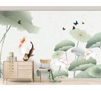 XLMING Lotus Frais Feuilles De Lotus Petits Poissons Papillons Papier Peint 3D Soie De Luxe Intissé Bureau Salle à Manger Canapé Chambre Salon TV Mural Décoratif-300cm×210cm