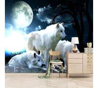 XLMING Lune Arbres Blanc Animaux Loup Papier Peint 3D Soie De Luxe Intissé Bureau Salle à Manger Canapé Chambre Salon TV Mural Décoratif-300cm×210cm