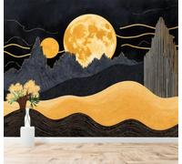 XLMING Lune Dorée Montagnes Arbres Vagues Abstraites Lignes 3D Papier Peint Premium Texturé Soie Bureau Salle à Manger Salon Chambre Coucher Canapé TV Mur-300cm×210cm