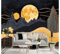 XLMING Lune Dorée Montagnes Arbres Vagues Abstraites Lignes 3D Papier Peint Texture Soyeuse Intissé Salle à Manger Bureau Canapé Chambre Salon TV Mur-150cm×105cm