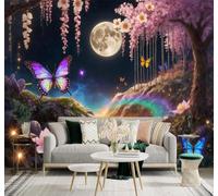XLMING Lune Fleurs De Cerisier Papillons Rivière Paysage De Rêve Vue Nocturne 3D Papier Peint Texture Soyeuse Intissé Salle à Manger Bureau Canapé Chambre Salon TV Mur-200cm×140cm