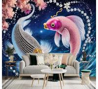 XLMING Luxe Carpes Koï Scintillantes Pierres Précieuses Eau Bleue Fleurs 3D Papier Peint Texture Soyeuse Intissé Salle à Manger Bureau Canapé Chambre Salon TV Mur-430cm×300cm