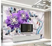 XLMING Luxe Violet Diamants Fleurs Cygne Papier Peint 3D Soie De Luxe Intissé Bureau Salle à Manger Canapé Chambre Salon TV Mural Décoratif-300cm×210cm