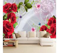 XLMING Luxueuses Et Belles Roses Rouges Perles Et Papillons 3D Papier Peint Texture Soyeuse Intissé Salle à Manger Bureau D'étude Canapé Chambre Salon TV Mur-200cm×140cm