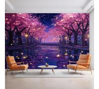 XLMING Maisons De Rêve Dans Une Forêt Rose Sous Un Ciel Étoilé 3D Papier Peint Texture Soyeuse Intissé Salle à Manger Bureau D'étude Canapé Chambre Salon TV Mur-430cm×300cm