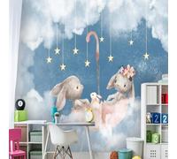 XLMING Mignon Cartoon Beau Ciel Bleu Lapin Étoiles 3D Papier Peint Premium Texturé Soie Bureau Salle à Manger Salon Chambre Coucher Canapé TV Mur-350cm×256cm