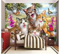 XLMING Mignon Cartoon Sur L'Herbe Un Groupe De Chats Selfie 3D Papier Peint Texture Soyeuse Intissé Salle à Manger Bureau D'étude Canapé Chambre Salon TV Mur-200cm×140cm
