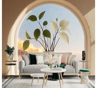 XLMING Minimalisme Feuilles Vertes Vase Blanc Fenêtre Cintrée Ciel Au Coucher Du Soleil 3D Papier Peint Texture Soyeuse Intissé Salle à Manger Bureau Canapé Chambre Salon TV Mur-150cm×105cm