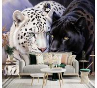 XLMING Minimaliste Animaux Léopard Des Neiges Blanc Léopard Noir Étreinte 3D Papier Peint Texture Soyeuse Intissé Salle à Manger Bureau Canapé Chambre Salon TV Mur-400cm×280cm
