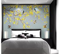 XLMING Minimaliste Branches Jaune Feuilles De Ginkgo Oiseaux En Vol 3D Papier Peint Texture Soyeuse Intissé Salle à Manger Bureau D'étude Canapé Chambre Salon TV Mur-150cm×105cm