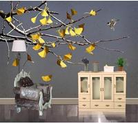 XLMING Minimaliste Branches Or Feuilles De Ginkgo Oiseaux En Vol 3D Papier Peint Luxe Décoration Manger Adulte Intérieure Salon Canapé Chambre Fond TV Mur-300cm×210cm