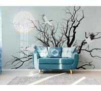 XLMING Minimaliste Créatif Lune Oiseaux En Vol Arbre Mort Papier Peint 3D Soie De Luxe Intissé Bureau Salle à Manger Canapé Chambre Salon TV Mural Décoratif-150cm×105cm