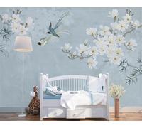 XLMING Minimaliste Dessiné À La Main Fleurs Blanches Oiseaux En Vol 3D Papier Peint Premium Texturé Soie Bureau Salle à Manger Salon Chambre Coucher Canapé TV Mur-250cm×170cm