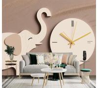 XLMING Minimaliste Éléphant Horloge Beige Tons Dorés 3D Papier Peint Texture Soyeuse Intissé Salle à Manger Bureau Canapé Chambre Salon TV Mur-150cm×105cm
