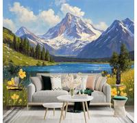XLMING Montagnes Enneigées Lacs Forêts De Pins Jaune Fleurs Sauvages 3D Papier Peint Premium Texturé Soie Bureau Salle à Manger Salon Chambre Coucher Canapé TV Mur-150cm×105cm