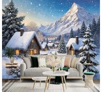 XLMING Montagnes Enneigées Village Chalets Pins Paysage Hivernal 3D Papier Peint Texture Soyeuse Intissé Salle à Manger Bureau Canapé Chambre Salon TV Mur-430cm×300cm