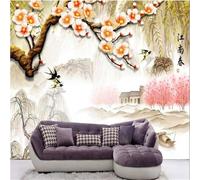 XLMING Montagnes Fleurs Roses Maisons Oiseaux 3D Papier Peint Premium Texturé Soie Bureau Salle à Manger Salon Chambre Coucher Canapé TV Mur-350cm×256cm