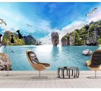 XLMING Montagnes Mer Oiseaux En Vol Voiliers Paysage Marin 3D Papier Peint Premium Texturé Soie Bureau Salle à Manger Salon Chambre Coucher Canapé TV Mur-300cm×210cm