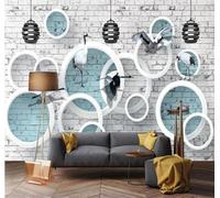 XLMING Mur De Briques Blanches Cercles Géométriques Oiseaux En Vol 3D Papier Peint Luxe Décoration Manger Adulte Intérieure Salon Canapé Chambre Fond TV Mur-150cm×105cm