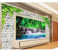XLMING Mur De Briques Feuilles Vertes Cascade Papillon Bois 3D Papier Peint Texture Soyeuse Intissé Salle à Manger Bureau D'étude Canapé Chambre Salon TV Mur-430cm×300cm