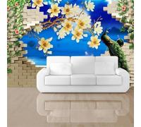 XLMING Mur De Briques Fleurs Paon Oiseaux En Vol Lac 3D Papier Peint Texture Soyeuse Intissé Salle à Manger Bureau D'étude Canapé Chambre Salon TV Mur-150cm×105cm