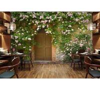 XLMING Mur De Briques Porte En Bois Feuilles Vertes Fleurs Vignes Papier Peint 3D Soie De Luxe Intissé Bureau Salle à Manger Canapé Chambre Salon TV Mural Décoratif-200cm×140cm