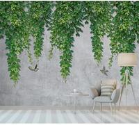 XLMING Mur En Béton Gris Oiseaux En Vol Feuilles Vertes Vignes 3D Papier Peint Texture Soyeuse Intissé Salle à Manger Bureau D'étude Canapé Chambre Salon TV Mur-150cm×105cm