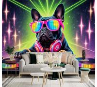 XLMING Noir Bouledogue Écouteurs Lumières Colorées Musique 3D Papier Peint Texture Soyeuse Intissé Salle à Manger Bureau Canapé Chambre Salon TV Mur-250cm×170cm