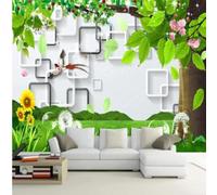 XLMING Noir Et Blanc Géométrique Oiseaux En Vol Feuilles Vertes Fleurs 3D Papier Peint Texture Soyeuse Intissé Salle à Manger Bureau D'étude Canapé Chambre Salon TV Mur-430cm×300cm