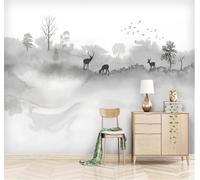 XLMING Noir Et Blanc Lavis D'Encre Paysage Élan Arbres 3D Papier Peint Texture Soyeuse Intissé Salle à Manger Bureau D'étude Canapé Chambre Salon TV Mur-430cm×300cm