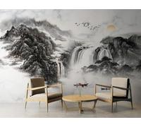 XLMING Noir Et Blanc Paysage Cascade Petit Bateau Lever Du Soleil Papier Peint 3D Soie De Luxe Intissé Bureau Salle à Manger Canapé Chambre Salon TV Mural Décoratif-300cm×210cm