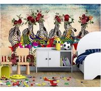 XLMING Nostalgie Art Animal Zèbre Fleur Rouge 3D Papier Peint Texture Soyeuse Intissé Salle à Manger Bureau D'étude Canapé Chambre Salon TV Mur-350cm×256cm