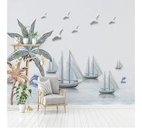 XLMING Oiseaux En Vol Océan Petit Bateau Dauphins Cocotiers Papier Peint 3D Soie De Luxe Intissé Bureau Salle à Manger Canapé Chambre Salon TV Mural Décoratif-150cm×105cm